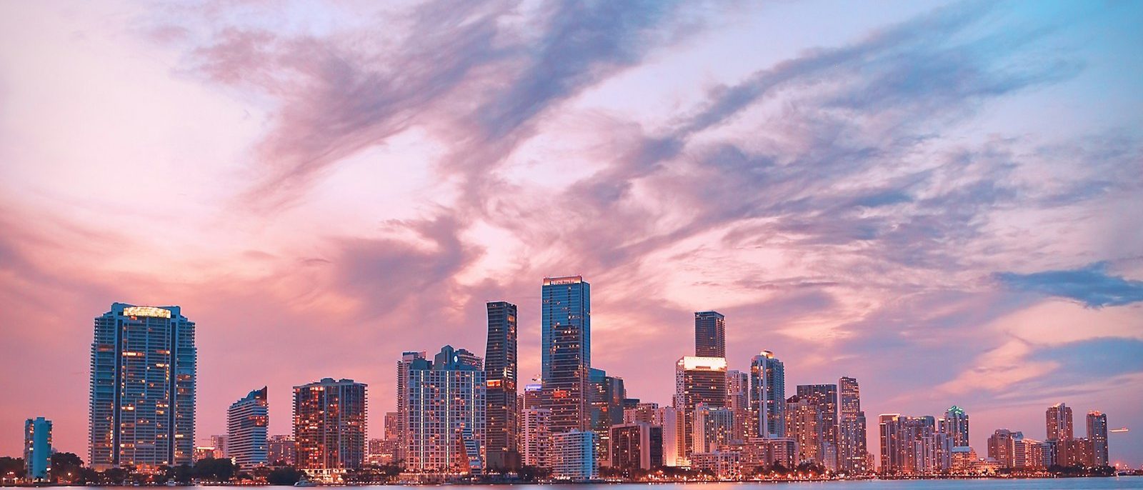 Downtown Miami skyline seen across Biscayne Bay.